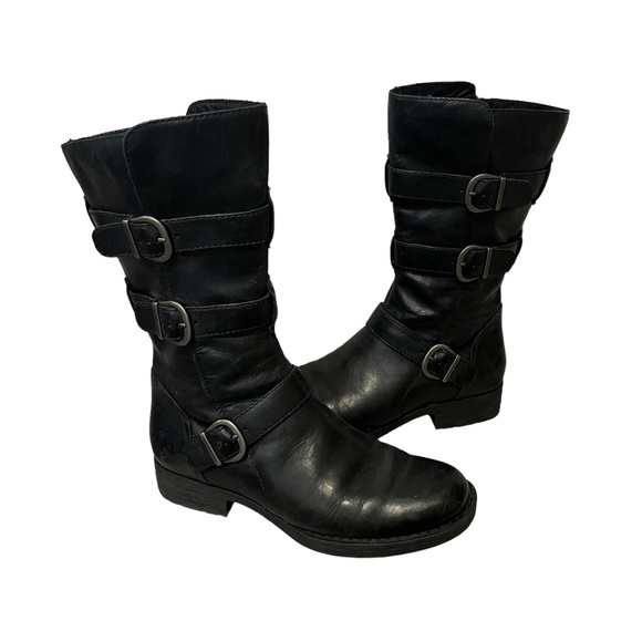 Born Shoes - Born Women's Black Leather Buckle Strap Mid Calf Zip Moto Biker Boots 7M Euc